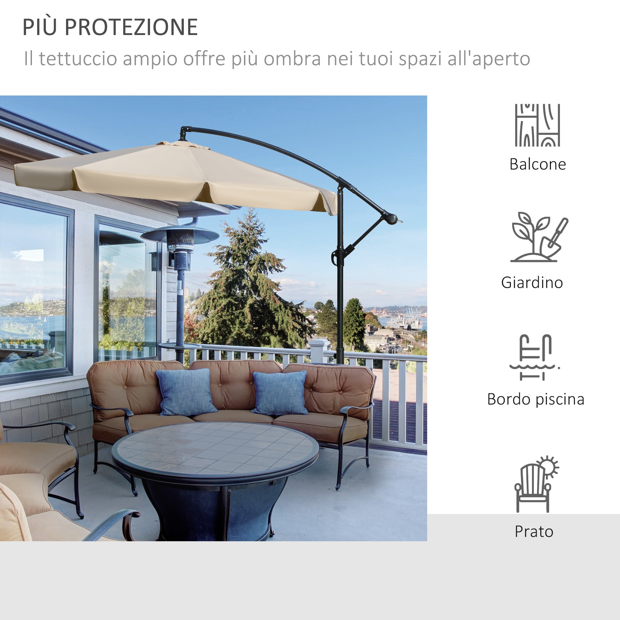 Offset Umbrella 2.7x2.7m with Adjustable Canopy, Cross Base, Air Vents, Crank, Metal and Polyester Garden Umbrella, for Courtyard Terrace, Light Brown