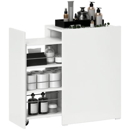 Narrow Bathroom Cabinet with Sliding Drawer and Wheels Bathroom Furniture with 3 Compartments Small Space Auxiliary Furniture 47x30x66.5 cm White