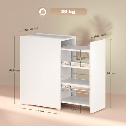 Narrow Bathroom Cabinet with Sliding Drawer and Wheels Bathroom Furniture with 3 Compartments Small Space Auxiliary Furniture 47x30x66.5 cm White