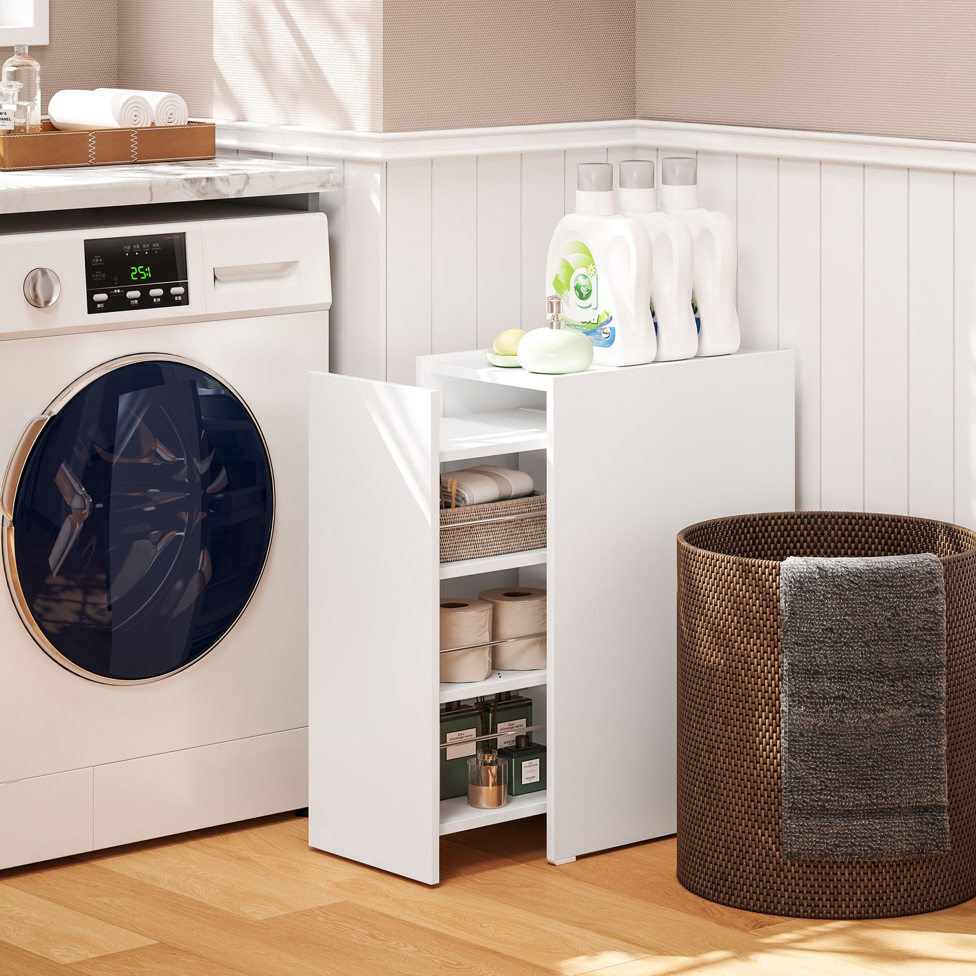 Narrow Bathroom Cabinet with Sliding Drawer and Wheels Bathroom Furniture with 3 Compartments Small Space Auxiliary Furniture 47x30x66.5 cm White