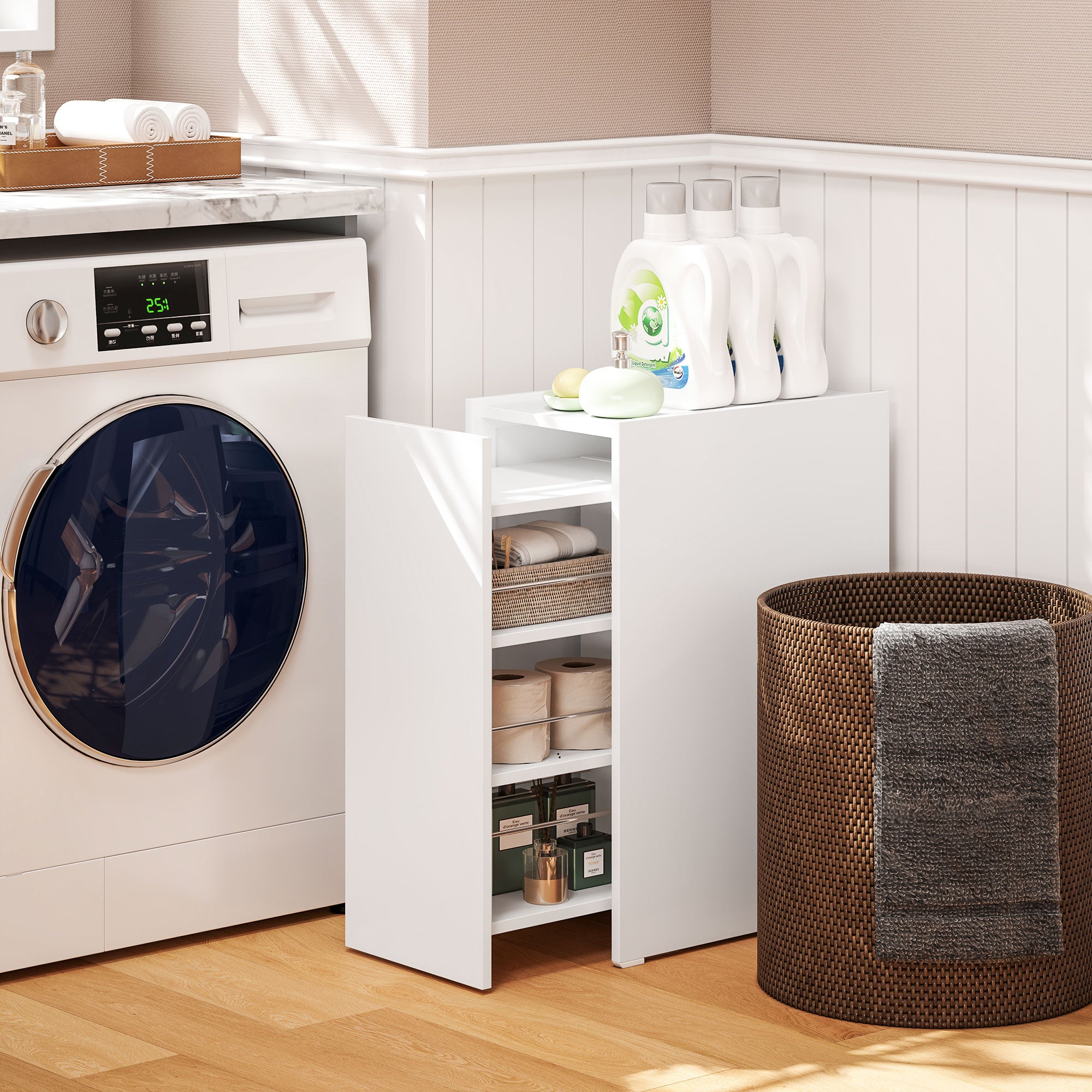 Narrow Bathroom Cabinet with Sliding Drawer and Wheels Bathroom Furniture with 3 Compartments Small Space Auxiliary Furniture 47x30x66.5 cm White