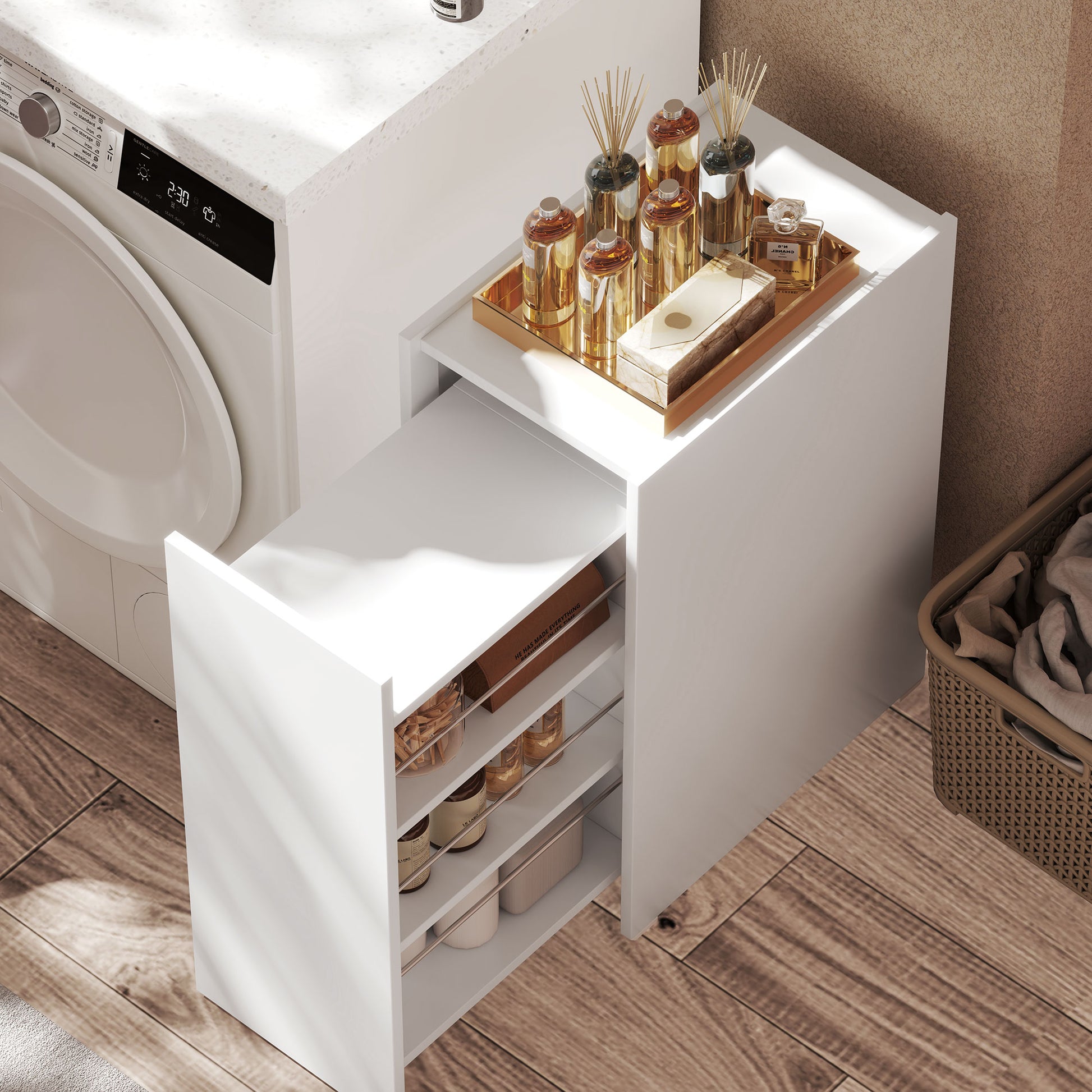 Narrow Bathroom Cabinet with Sliding Drawer and Wheels Bathroom Furniture with 3 Compartments Small Space Auxiliary Furniture 47x30x66.5 cm White