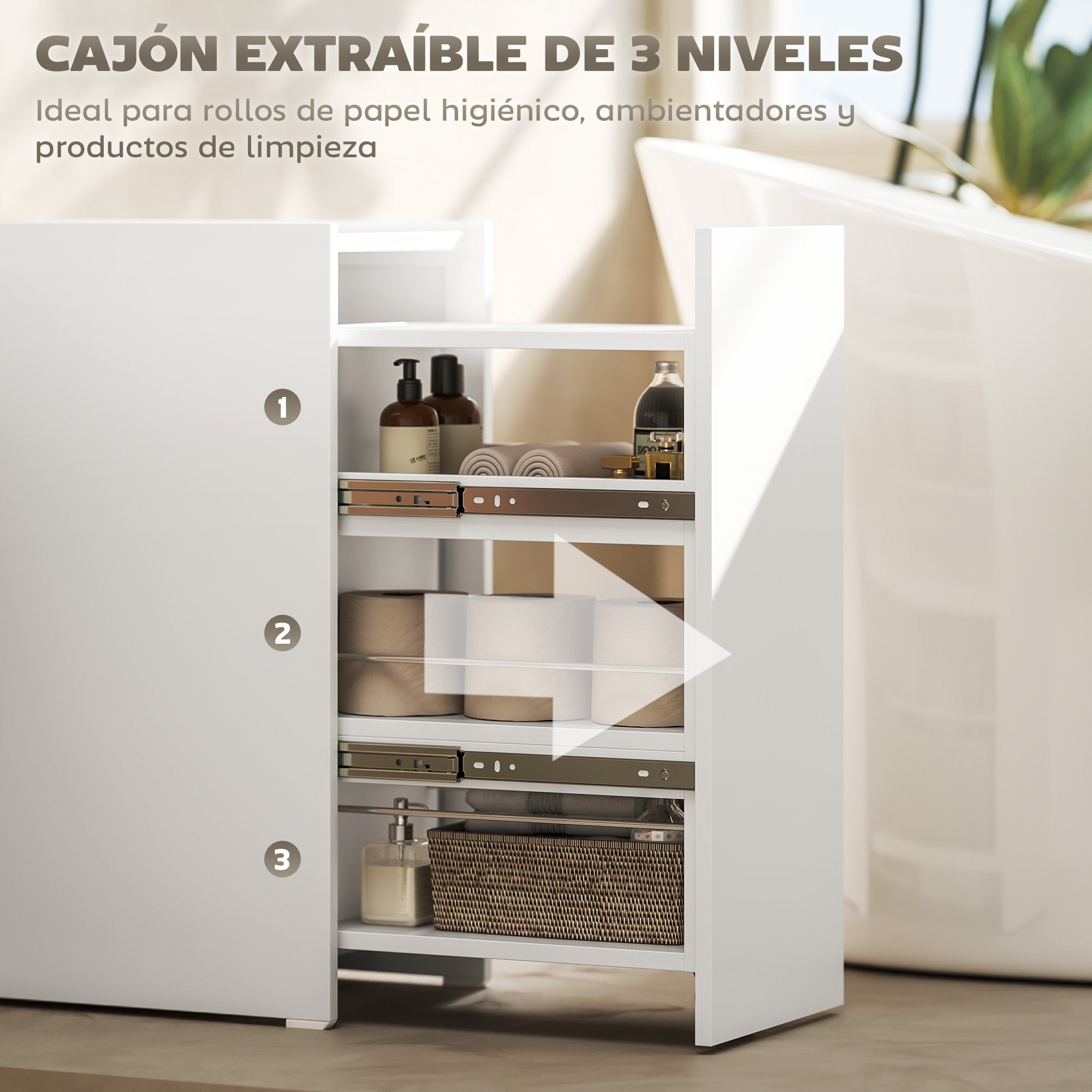 Narrow Bathroom Cabinet with Sliding Drawer and Wheels Bathroom Furniture with 3 Compartments Small Space Auxiliary Furniture 47x30x66.5 cm White