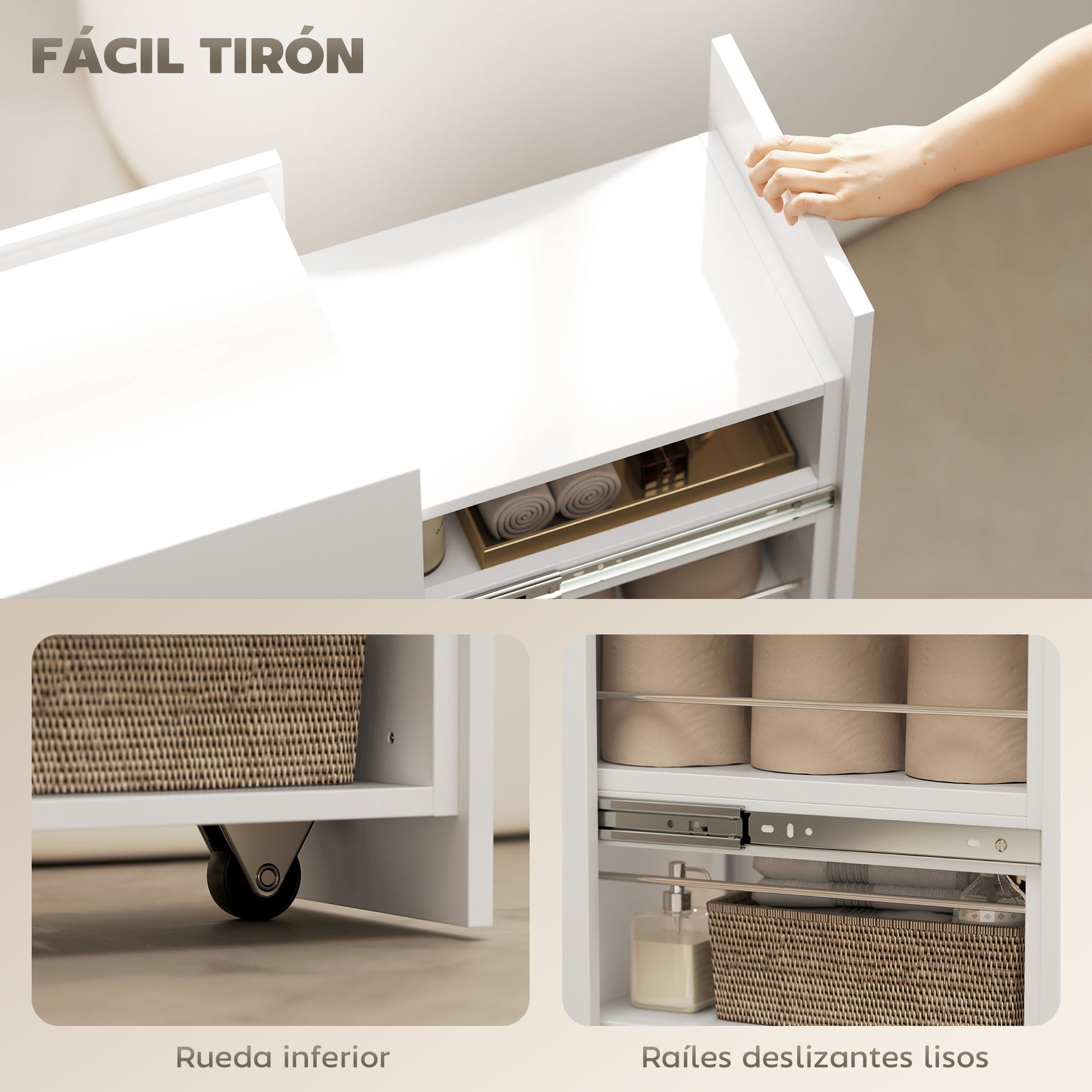 Narrow Bathroom Cabinet with Sliding Drawer and Wheels Bathroom Furniture with 3 Compartments Small Space Auxiliary Furniture 47x30x66.5 cm White
