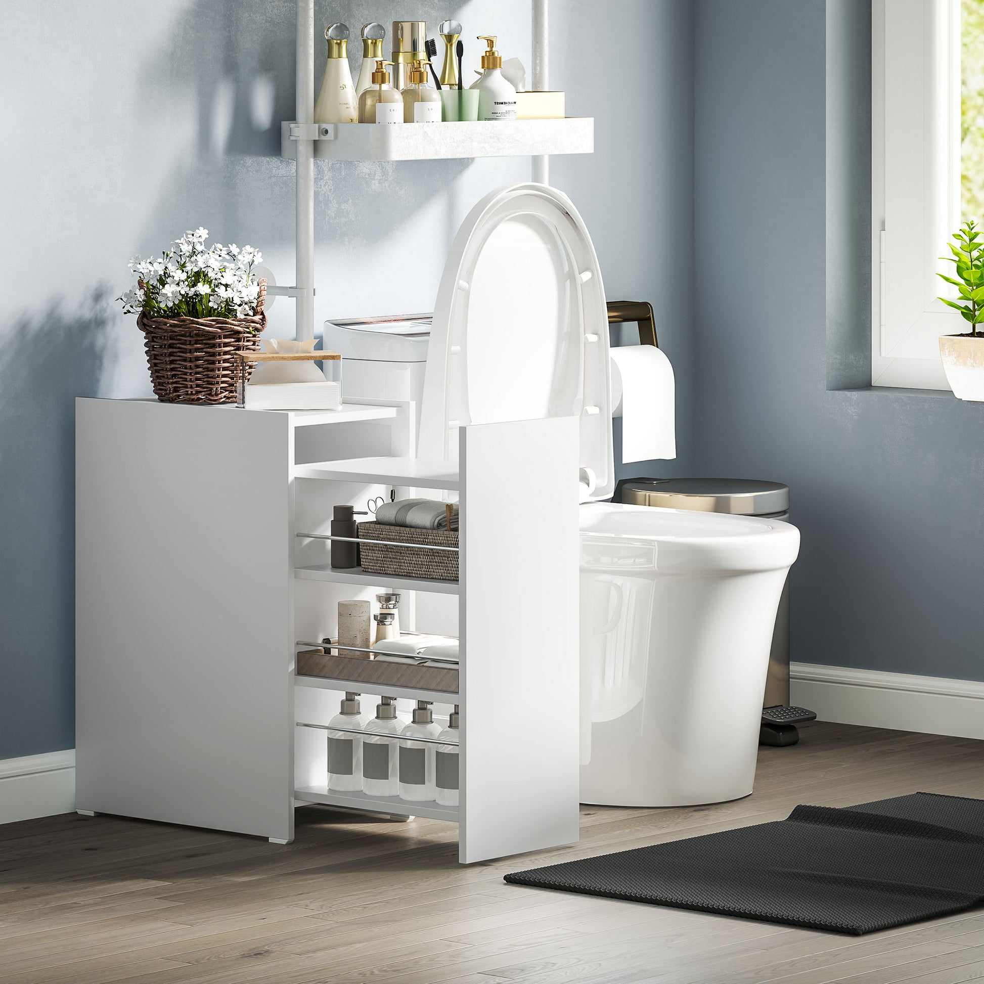 Narrow Bathroom Cabinet with Sliding Drawer and Wheels Bathroom Furniture with 3 Compartments Small Space Auxiliary Furniture 47x30x66.5 cm White