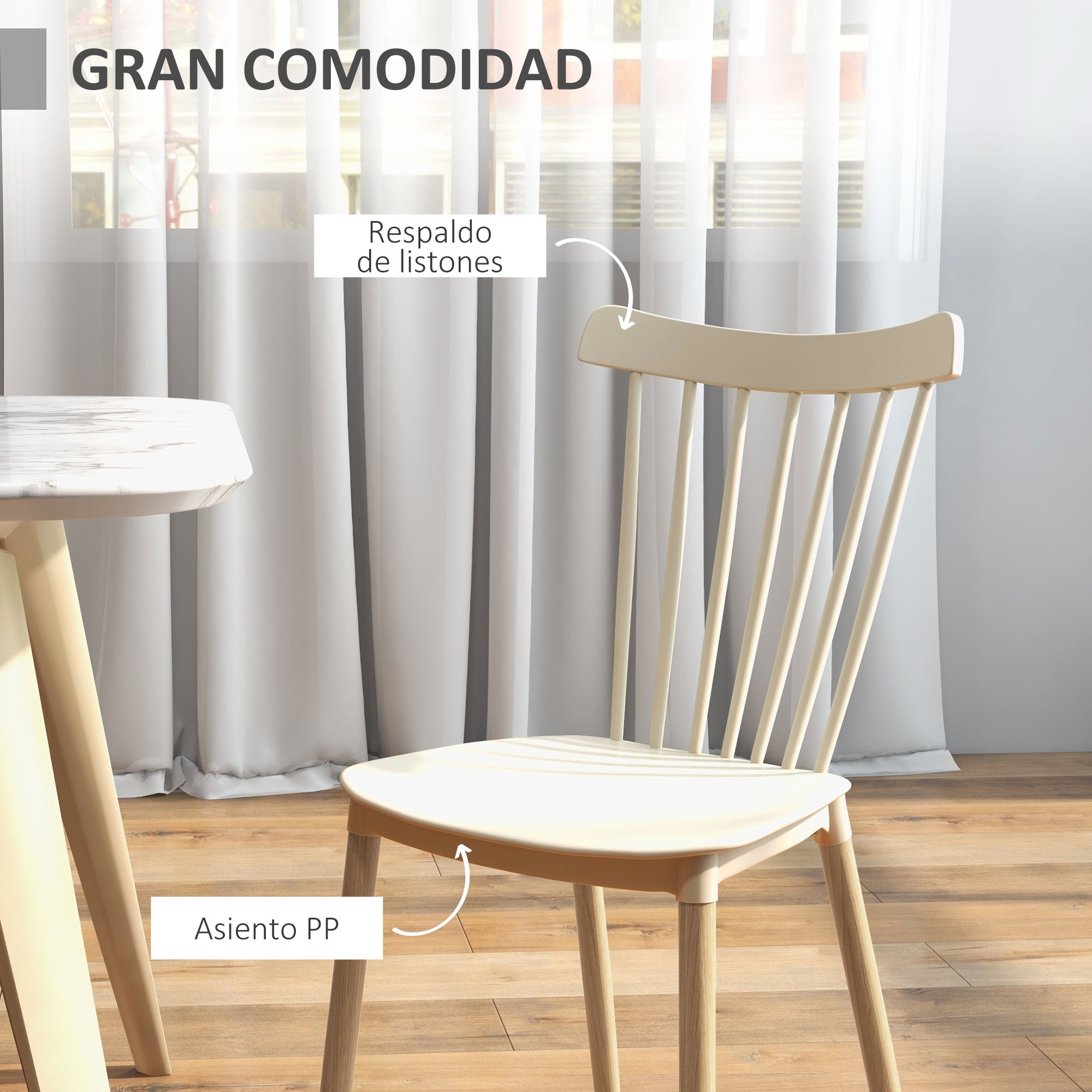 Set of 4 Nordic Style Dining Chairs Kitchen Chairs with High Back Polypropylene Seat and Natural Beech Wood Legs Load 120 kg 48x52.5x83 cm Natural