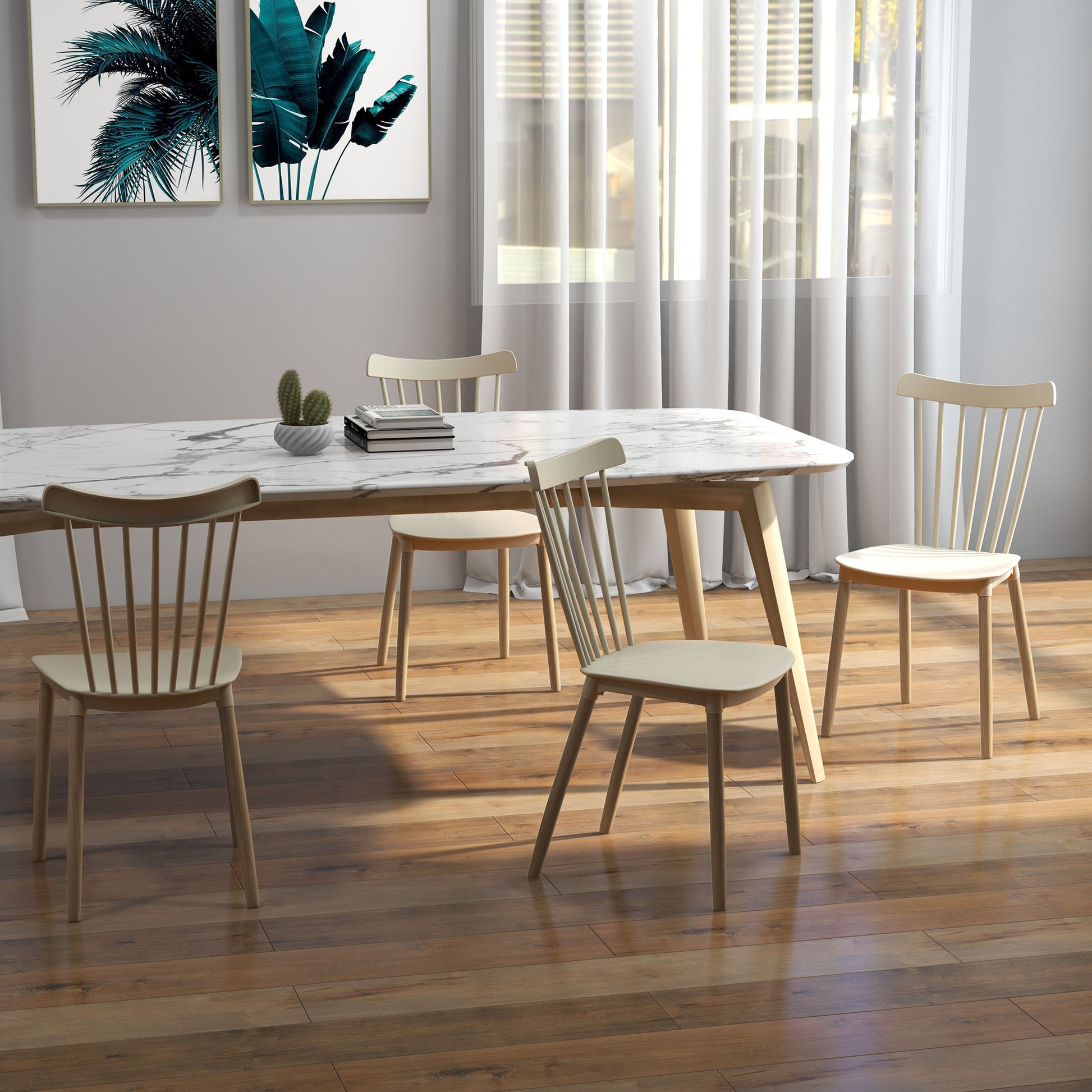 Set of 4 Nordic Style Dining Chairs Kitchen Chairs with High Back Polypropylene Seat and Natural Beech Wood Legs Load 120 kg 48x52.5x83 cm Natural