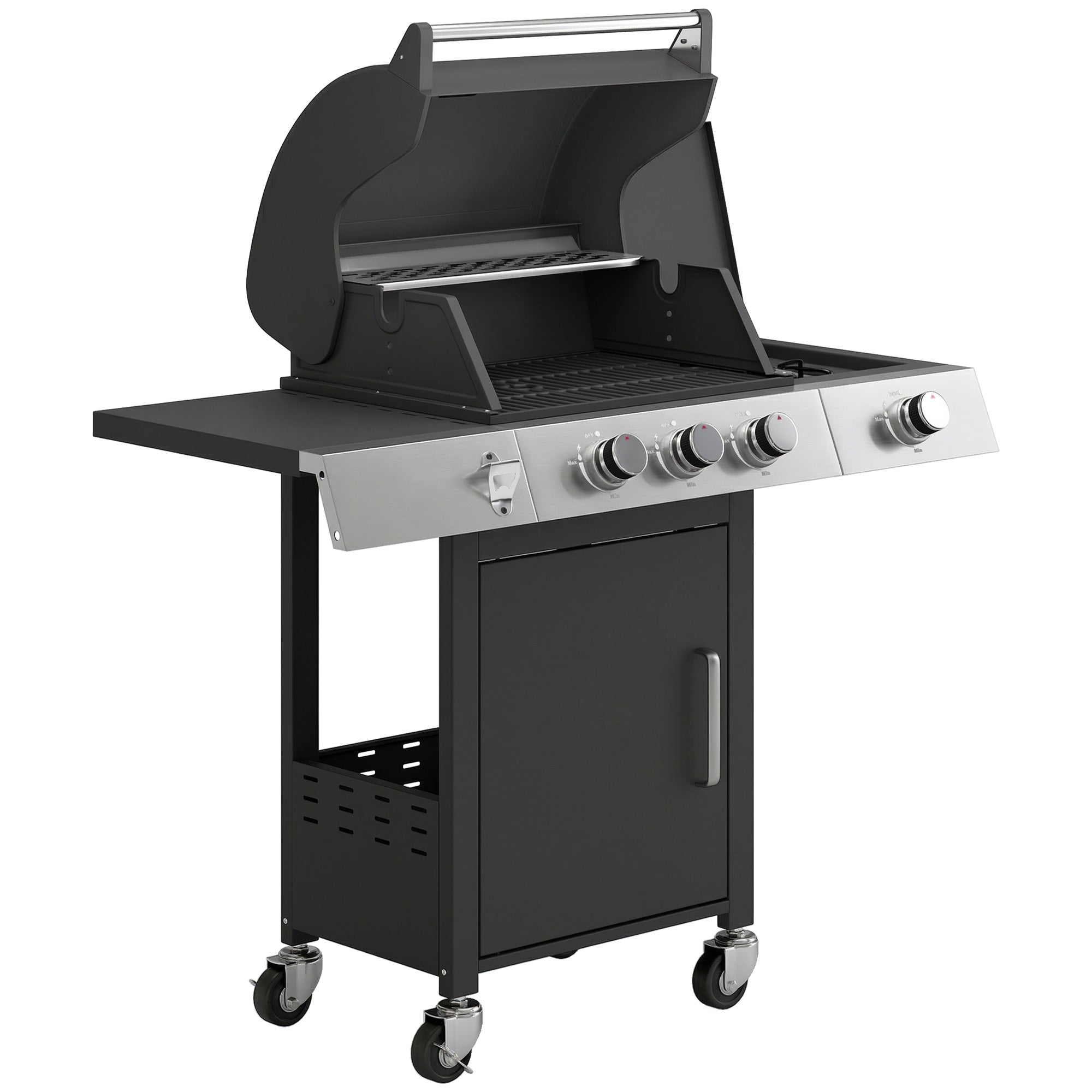 10.5 kW 3+1-Burner Propane Gas Grill Cart, Stainless Steel — Side Burner, Bottle Opener, Thermometer, Cast-Iron Grates, Warming Rack, Wheels, Side Shelves & Cabinet — Ideal for Balcony & Parties