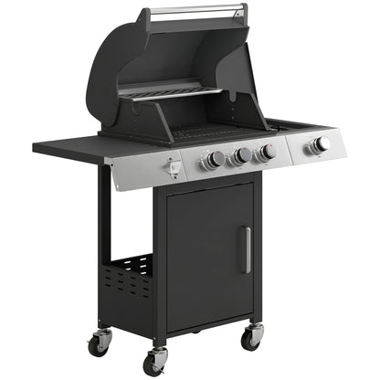 10.5 kW 3+1-Burner Propane Gas Grill Cart, Stainless Steel — Side Burner, Bottle Opener, Thermometer, Cast-Iron Grates, Warming Rack, Wheels, Side Shelves & Cabinet — Ideal for Balcony & Parties