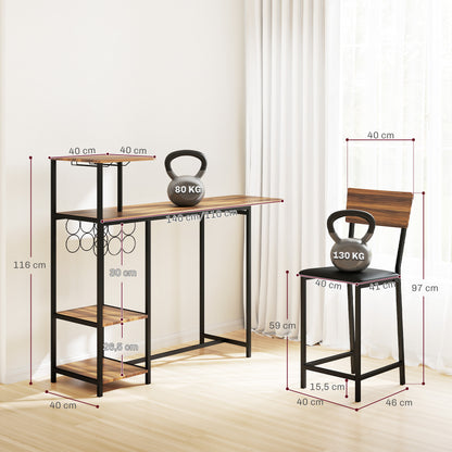 Bar Table with Bar Stool Set, Bar Table Set with 2 Bar Chairs, Foldable Backrest Kitchen Table with Wine Glass Holder, Wine Rack, and Shelf, Counter Table in Modern Design for Dining Room Kitchen Brown