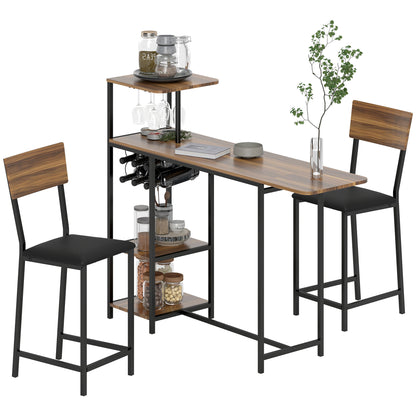 Bar Table with Bar Stool Set, Bar Table Set with 2 Bar Chairs, Foldable Backrest Kitchen Table with Wine Glass Holder, Wine Rack, and Shelf, Counter Table in Modern Design for Dining Room Kitchen Brown
