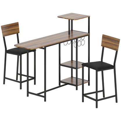 Bar Table with Bar Stool Set, Bar Table Set with 2 Bar Chairs, Foldable Backrest Kitchen Table with Wine Glass Holder, Wine Rack, and Shelf, Counter Table in Modern Design for Dining Room Kitchen Brown