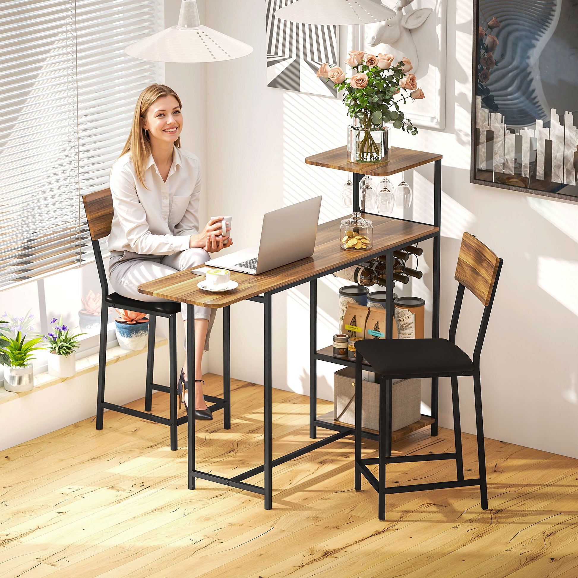 Bar Table with Bar Stool Set, Bar Table Set with 2 Bar Chairs, Foldable Backrest Kitchen Table with Wine Glass Holder, Wine Rack, and Shelf, Counter Table in Modern Design for Dining Room Kitchen Brown