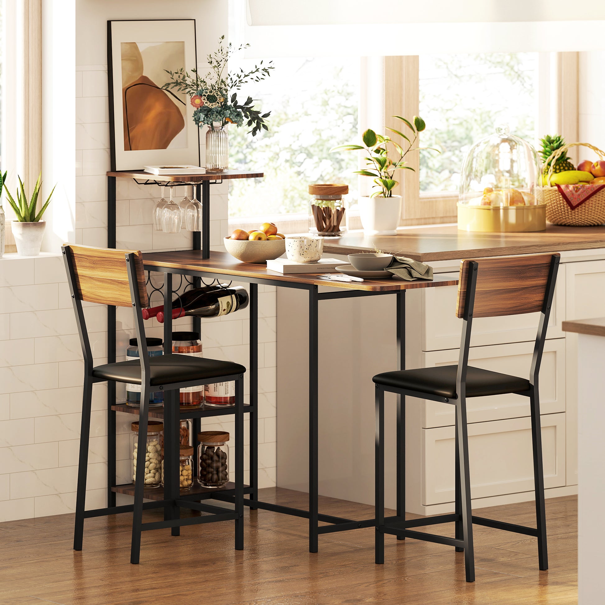 Bar Table with Bar Stool Set, Bar Table Set with 2 Bar Chairs, Foldable Backrest Kitchen Table with Wine Glass Holder, Wine Rack, and Shelf, Counter Table in Modern Design for Dining Room Kitchen Brown