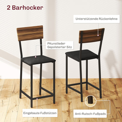 Bar Table with Bar Stool Set, Bar Table Set with 2 Bar Chairs, Foldable Backrest Kitchen Table with Wine Glass Holder, Wine Rack, and Shelf, Counter Table in Modern Design for Dining Room Kitchen Brown