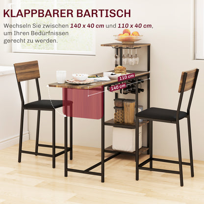 Bar Table with Bar Stool Set, Bar Table Set with 2 Bar Chairs, Foldable Backrest Kitchen Table with Wine Glass Holder, Wine Rack, and Shelf, Counter Table in Modern Design for Dining Room Kitchen Brown