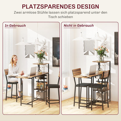 Bar Table with Bar Stool Set, Bar Table Set with 2 Bar Chairs, Foldable Backrest Kitchen Table with Wine Glass Holder, Wine Rack, and Shelf, Counter Table in Modern Design for Dining Room Kitchen Brown