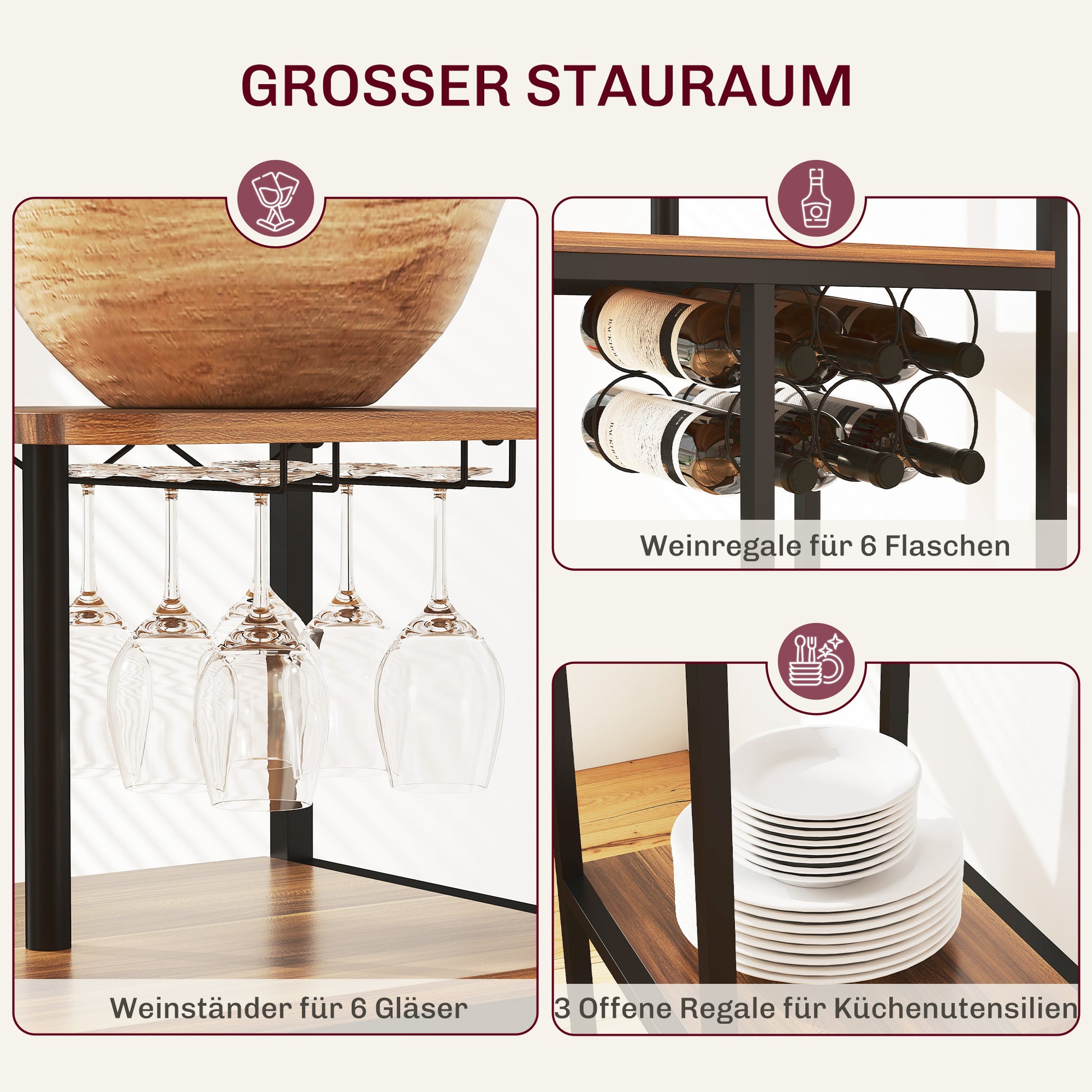 Bar Table with Bar Stool Set, Bar Table Set with 2 Bar Chairs, Foldable Backrest Kitchen Table with Wine Glass Holder, Wine Rack, and Shelf, Counter Table in Modern Design for Dining Room Kitchen Brown