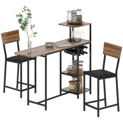 Bar Table with Bar Stool Set, Bar Table Set with 2 Bar Chairs, Foldable Backrest Kitchen Table with Wine Glass Holder, Wine Rack, and Shelf, Counter Table in Modern Design for Dining Room Kitchen Brown