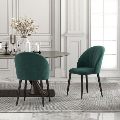 Set of 2 Dark Green Velvet Dining Chairs — Padded Armless Side Chairs with Steel Legs