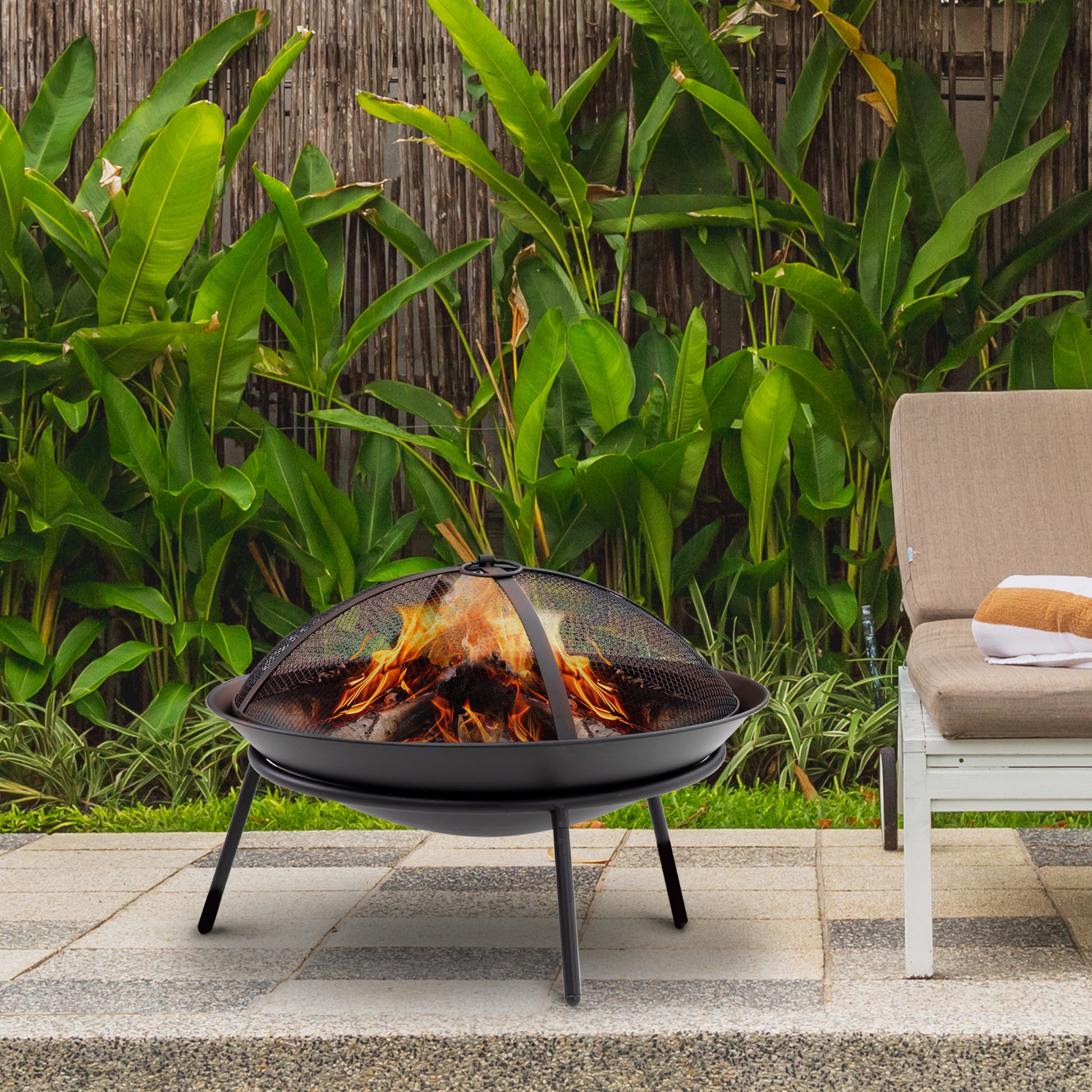 Outdoor Fire Pit Metal Fire Bowl with Spark Screen and Poker for Garden Patio Camping Ø47x33 cm Black