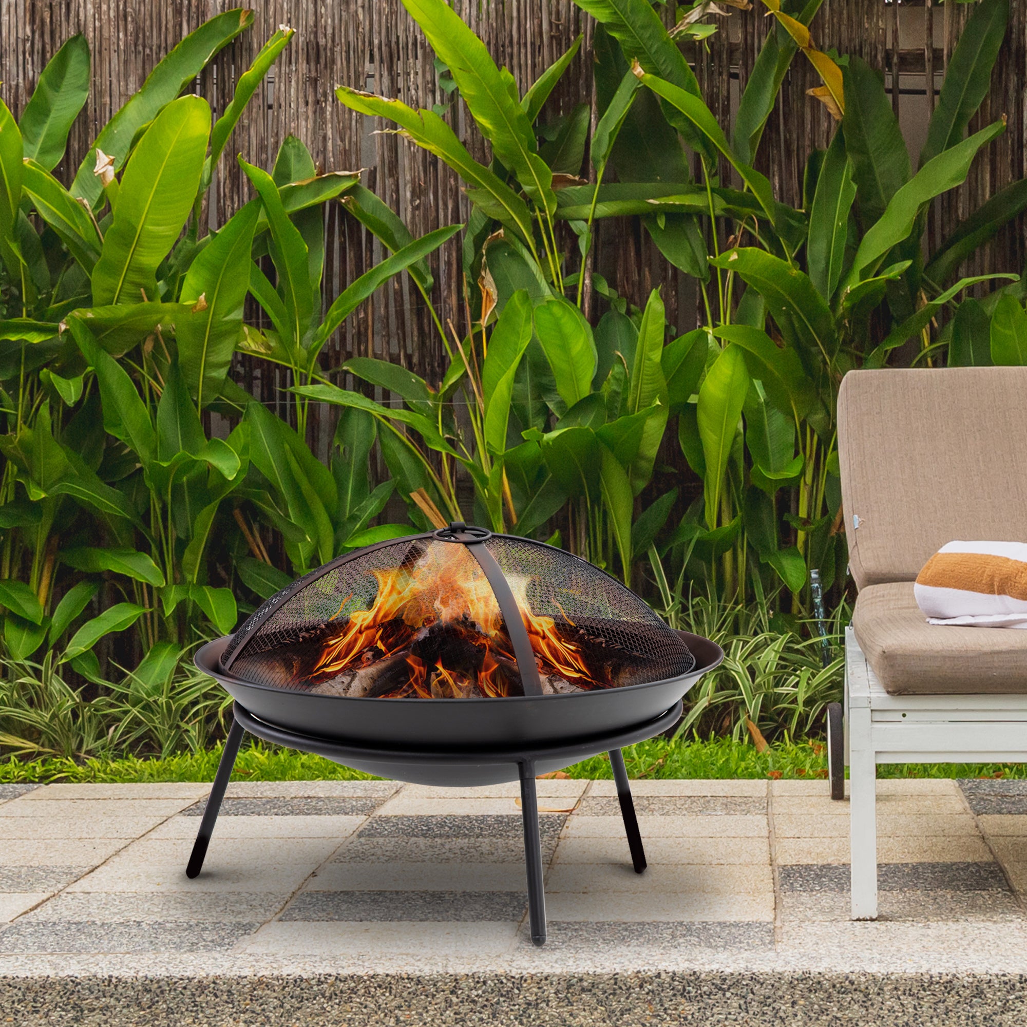 Outdoor Fire Pit Metal Fire Bowl with Spark Screen and Poker for Garden Patio Camping Ø47x33 cm Black