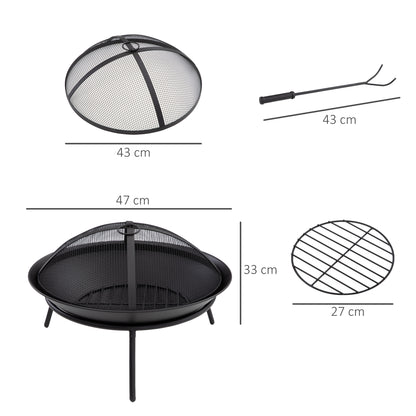 Outdoor Fire Pit Metal Fire Bowl with Spark Screen and Poker for Garden Patio Camping Ø47x33 cm Black