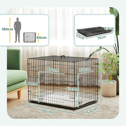 Dog Cage, Foldable Dog Transport Crate with 2 Doors, Removable Tray, Washable Soft Cushion, Steel Frame, 76 x 53 x 60 cm, Black