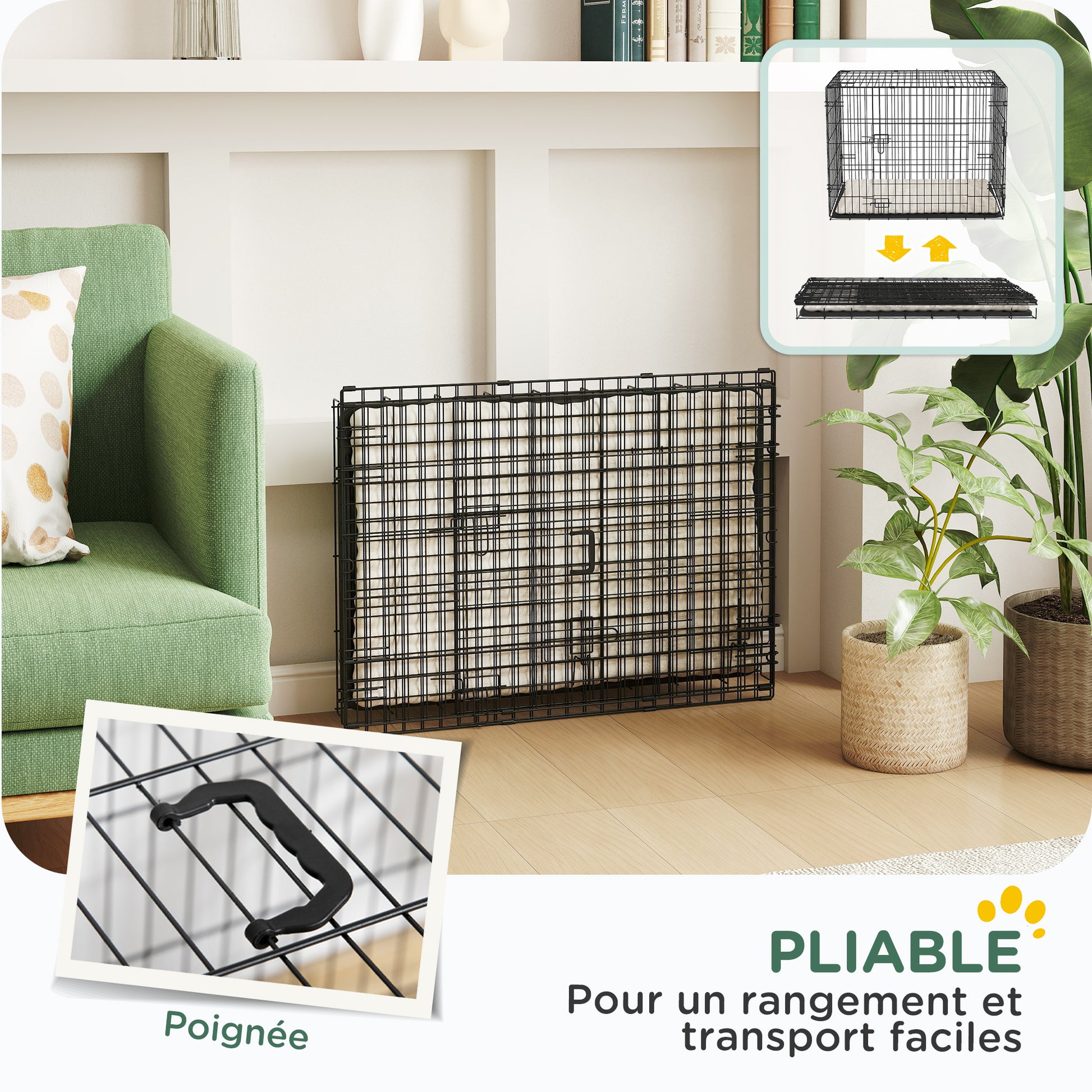 Dog Cage, Foldable Dog Transport Crate with 2 Doors, Removable Tray, Washable Soft Cushion, Steel Frame, 76 x 53 x 60 cm, Black