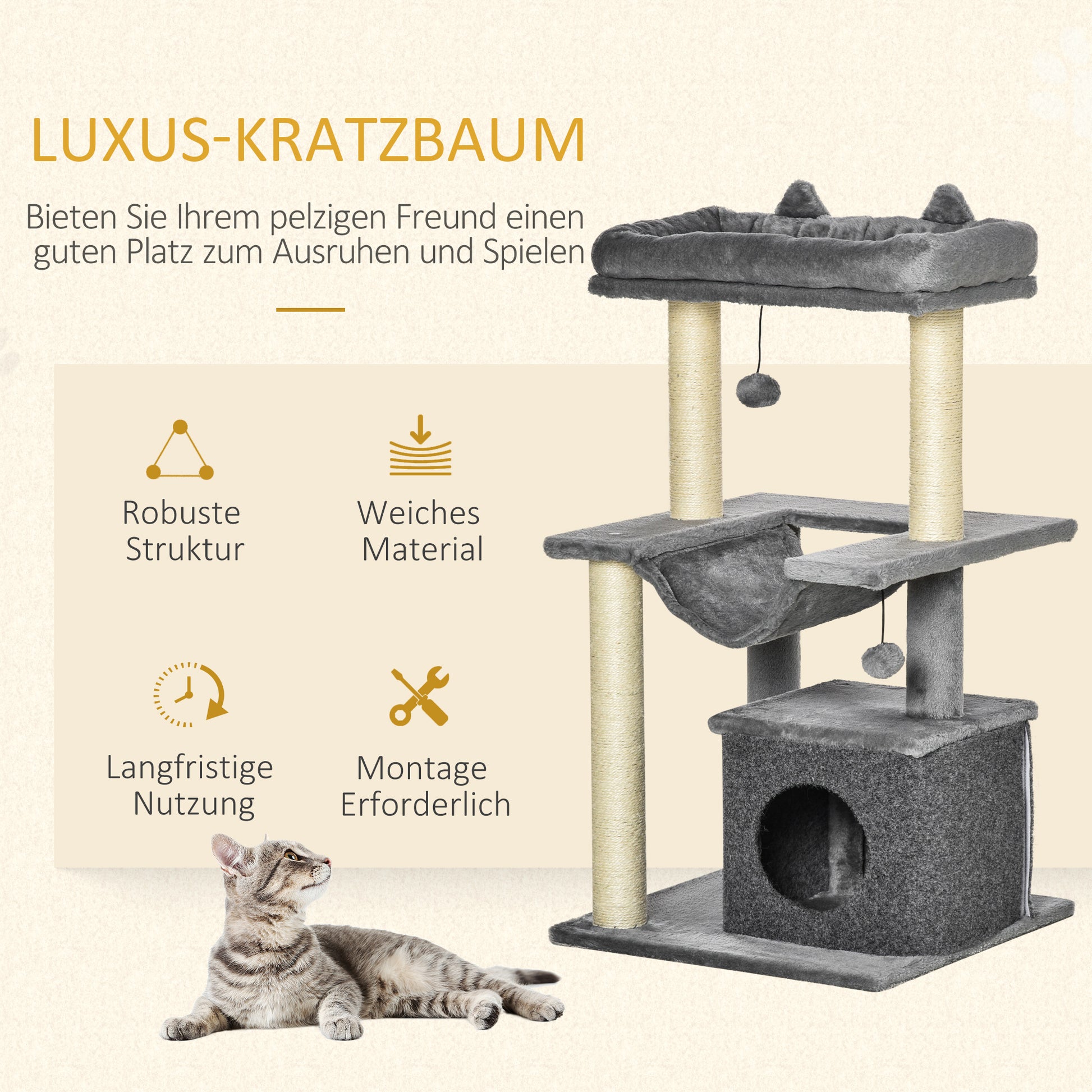 Cat Tree 90 cm Scratching Post with Hammock Play Tree Cat Cave Platforms Climbing Tree Cat Scratching Post Activity Tree Plush Sisal Gray