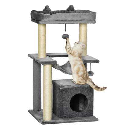 Cat Tree 90 cm Scratching Post with Hammock Play Tree Cat Cave Platforms Climbing Tree Cat Scratching Post Activity Tree Plush Sisal Gray