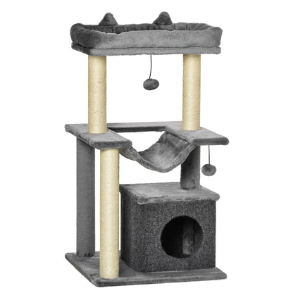 Cat Tree 90 cm Scratching Post with Hammock Play Tree Cat Cave Platforms Climbing Tree Cat Scratching Post Activity Tree Plush Sisal Gray