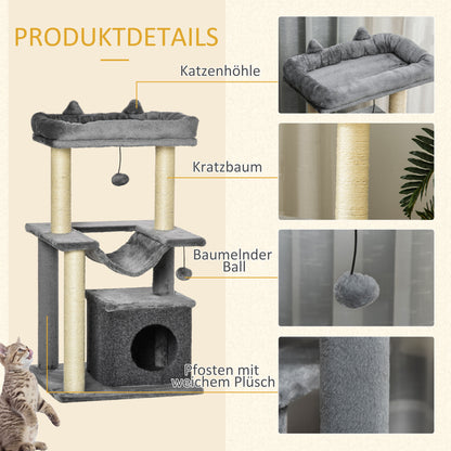 Cat Tree 90 cm Scratching Post with Hammock Play Tree Cat Cave Platforms Climbing Tree Cat Scratching Post Activity Tree Plush Sisal Gray