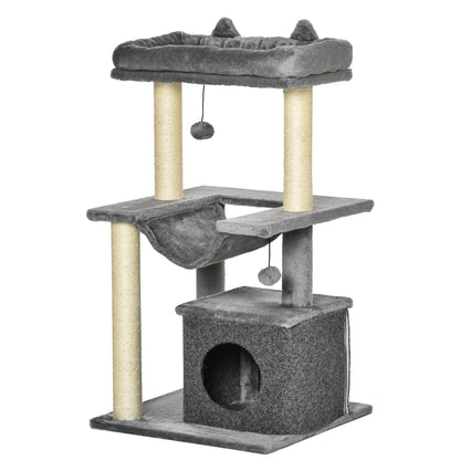 Cat Tree 90 cm Scratching Post with Hammock Play Tree Cat Cave Platforms Climbing Tree Cat Scratching Post Activity Tree Plush Sisal Gray