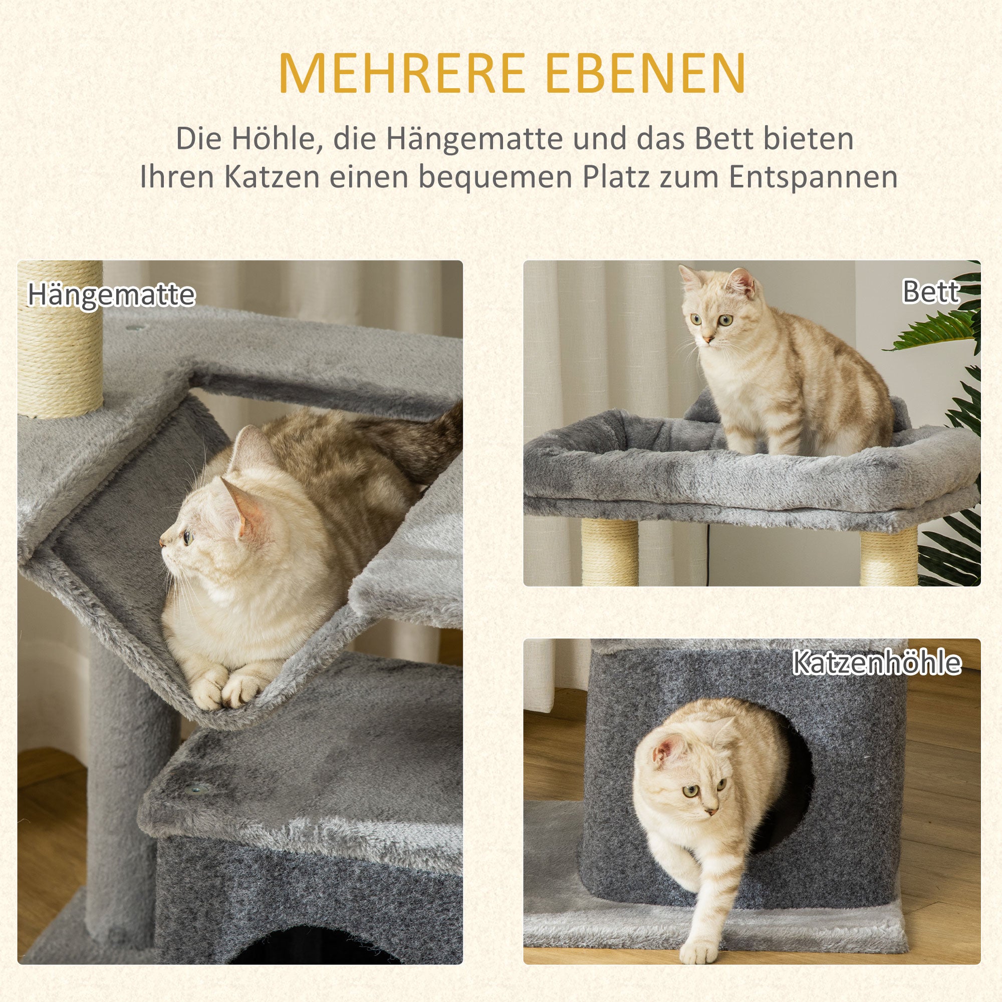 Cat Tree 90 cm Scratching Post with Hammock Play Tree Cat Cave Platforms Climbing Tree Cat Scratching Post Activity Tree Plush Sisal Gray