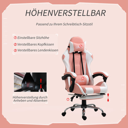 Gaming Chair Ergonomic Office Chair with Headrest Massage Lumbar Cushion Footrest Swivel Gamer Chair PC Chair with Connectable Armrests, Rocking Function Pink