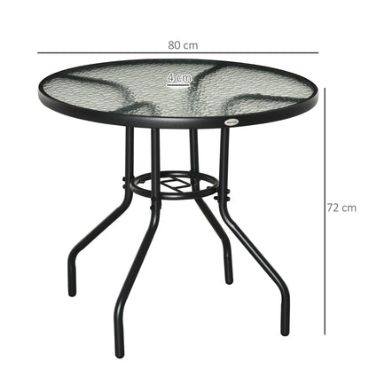 Garden Table Patio Side Table Outdoor Furniture Balcony Table Bistro Table with Umbrella Hole Tempered Glass + Metal Black Ø80 x 72 cm