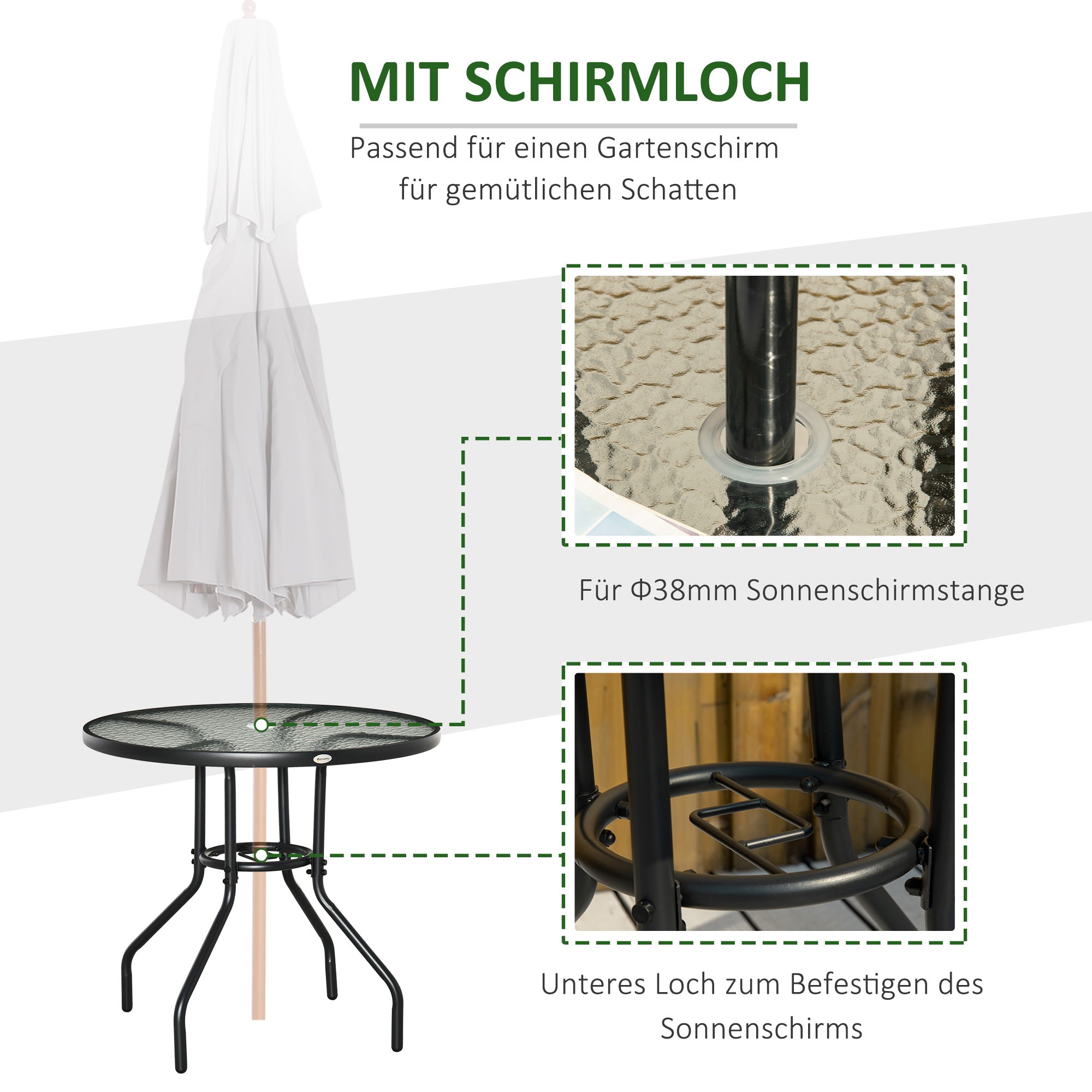 Garden Table Patio Side Table Outdoor Furniture Balcony Table Bistro Table with Umbrella Hole Tempered Glass + Metal Black Ø80 x 72 cm