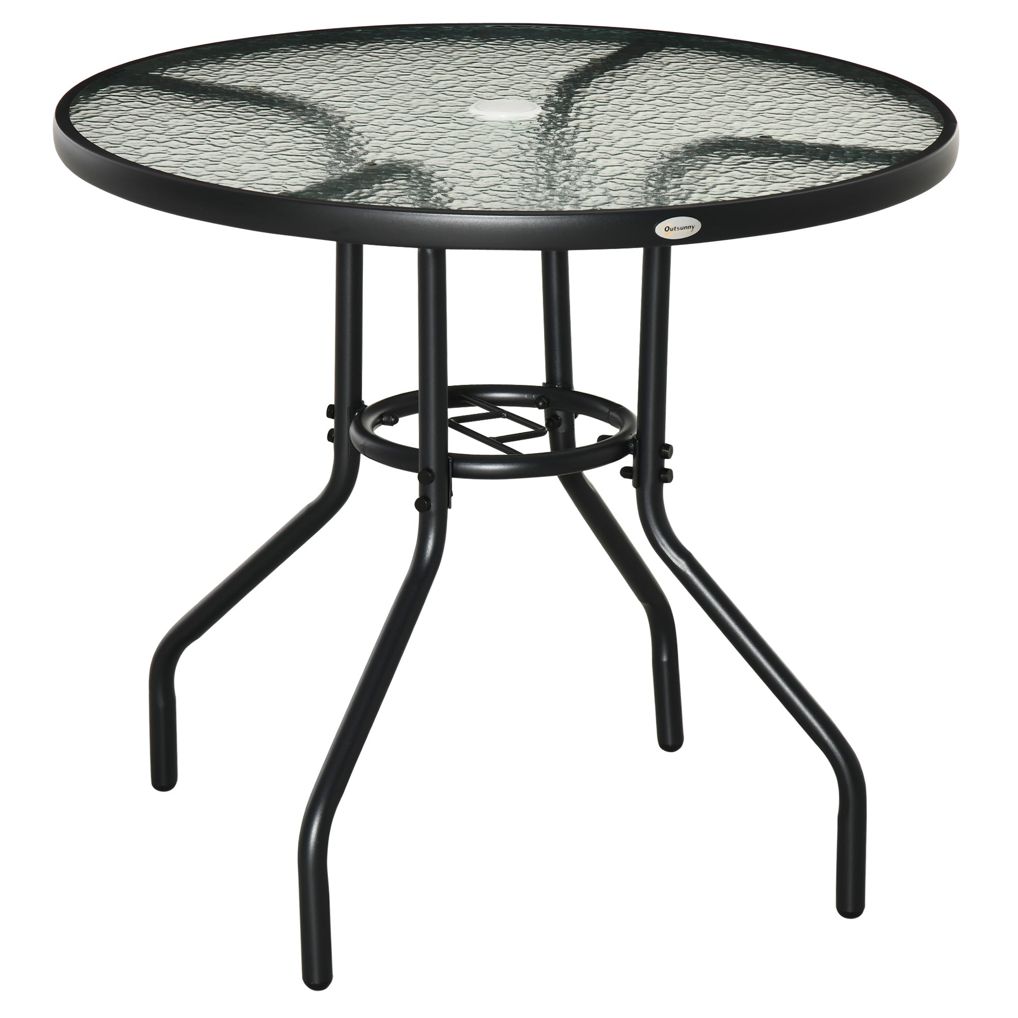 Garden Table Patio Side Table Outdoor Furniture Balcony Table Bistro Table with Umbrella Hole Tempered Glass + Metal Black Ø80 x 72 cm