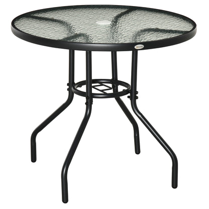 Garden Table Patio Side Table Outdoor Furniture Balcony Table Bistro Table with Umbrella Hole Tempered Glass + Metal Black Ø80 x 72 cm