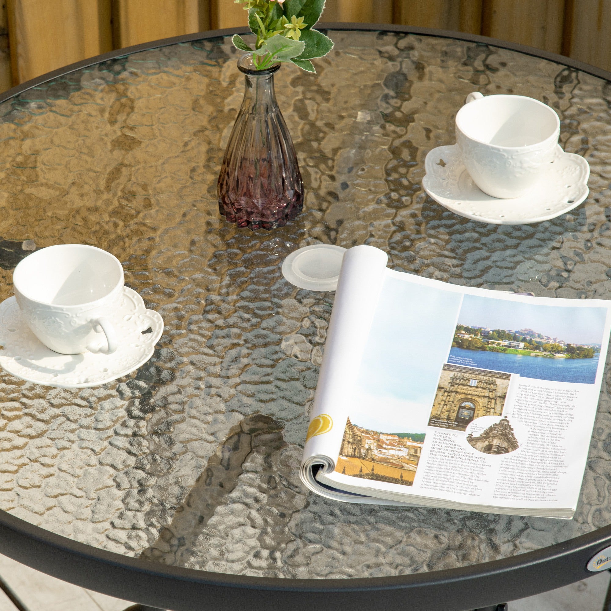 Garden Table Patio Side Table Outdoor Furniture Balcony Table Bistro Table with Umbrella Hole Tempered Glass + Metal Black Ø80 x 72 cm