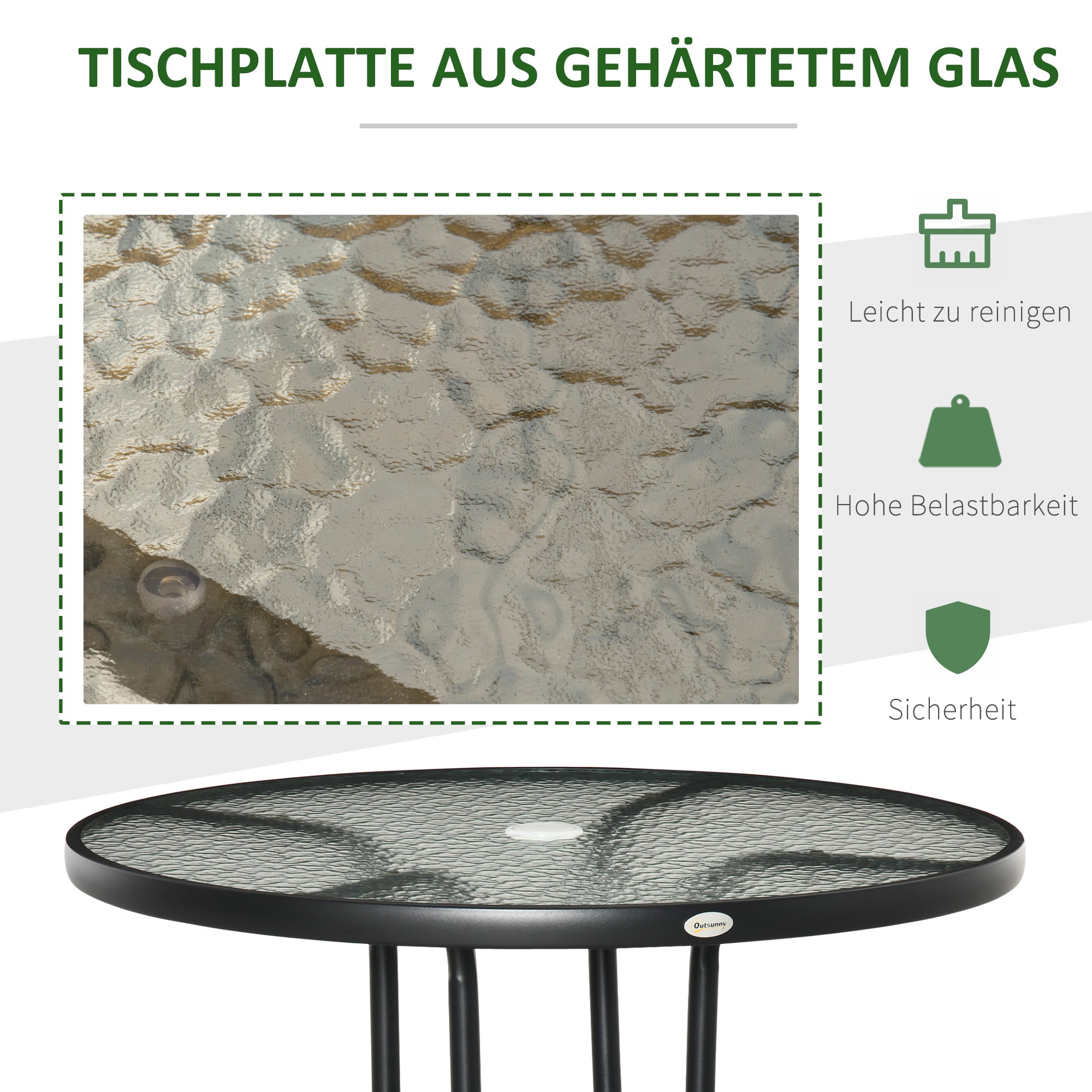 Garden Table Patio Side Table Outdoor Furniture Balcony Table Bistro Table with Umbrella Hole Tempered Glass + Metal Black Ø80 x 72 cm