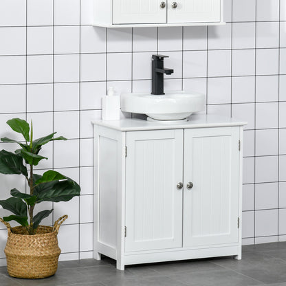Bathroom Vanity Unit - Under Sink Cabinet - 2-Door Cupboard with Shelf - 60L x 30W x 60H cm - White Wood