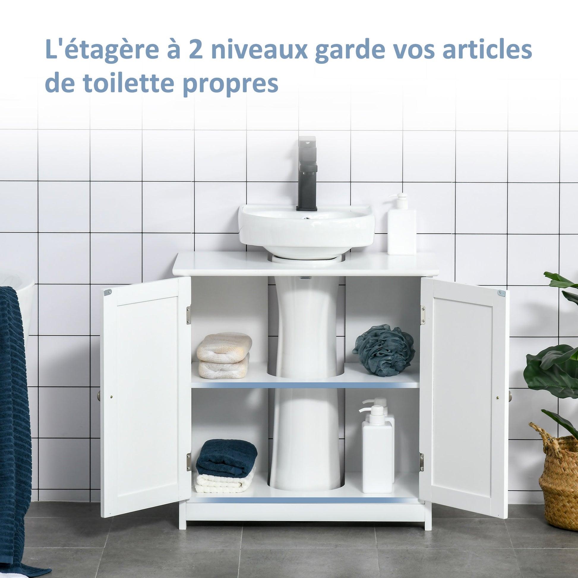 Bathroom Vanity Unit - Under Sink Cabinet - 2-Door Cupboard with Shelf - 60L x 30W x 60H cm - White Wood