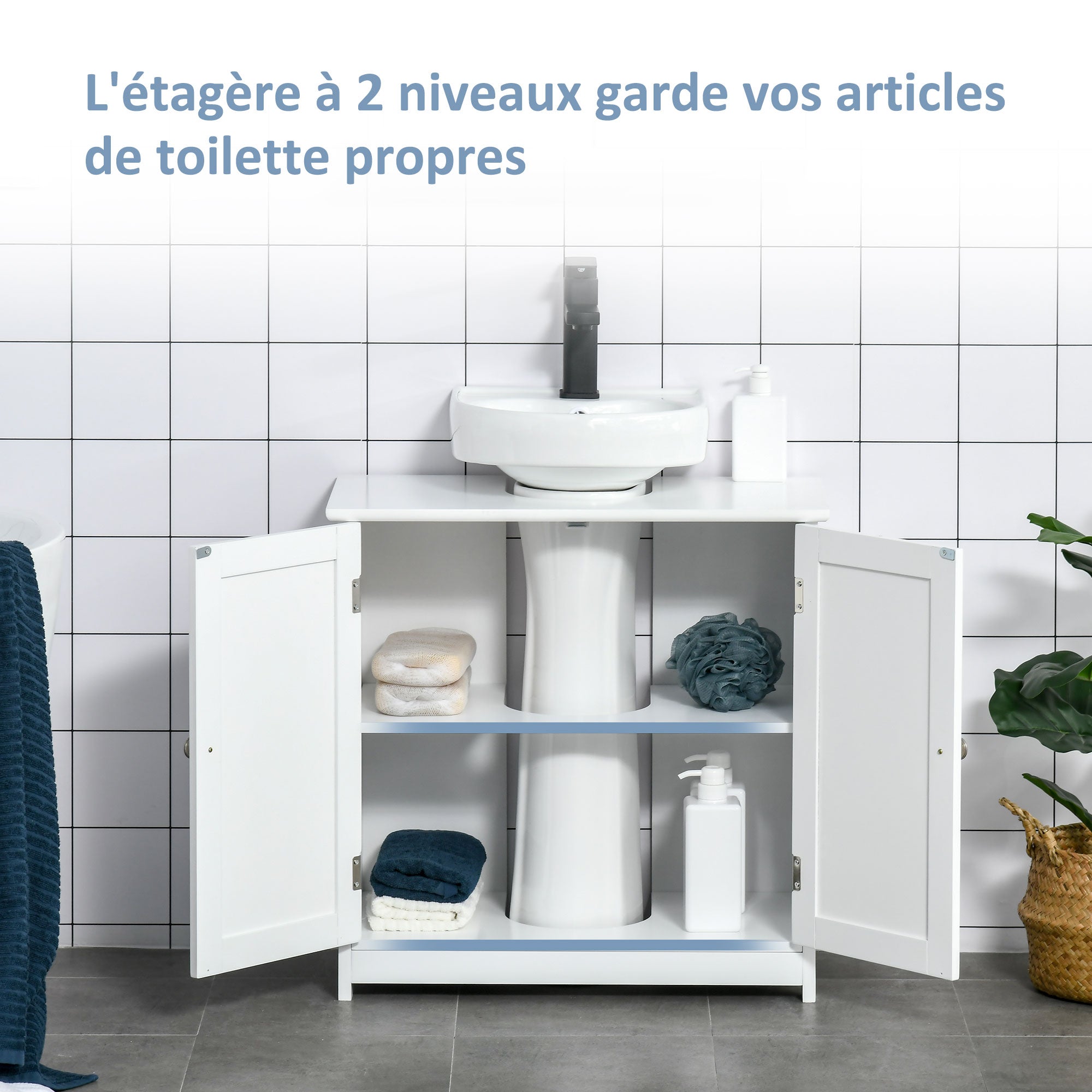 Bathroom Vanity Unit - Under Sink Cabinet - 2-Door Cupboard with Shelf - 60L x 30W x 60H cm - White Wood