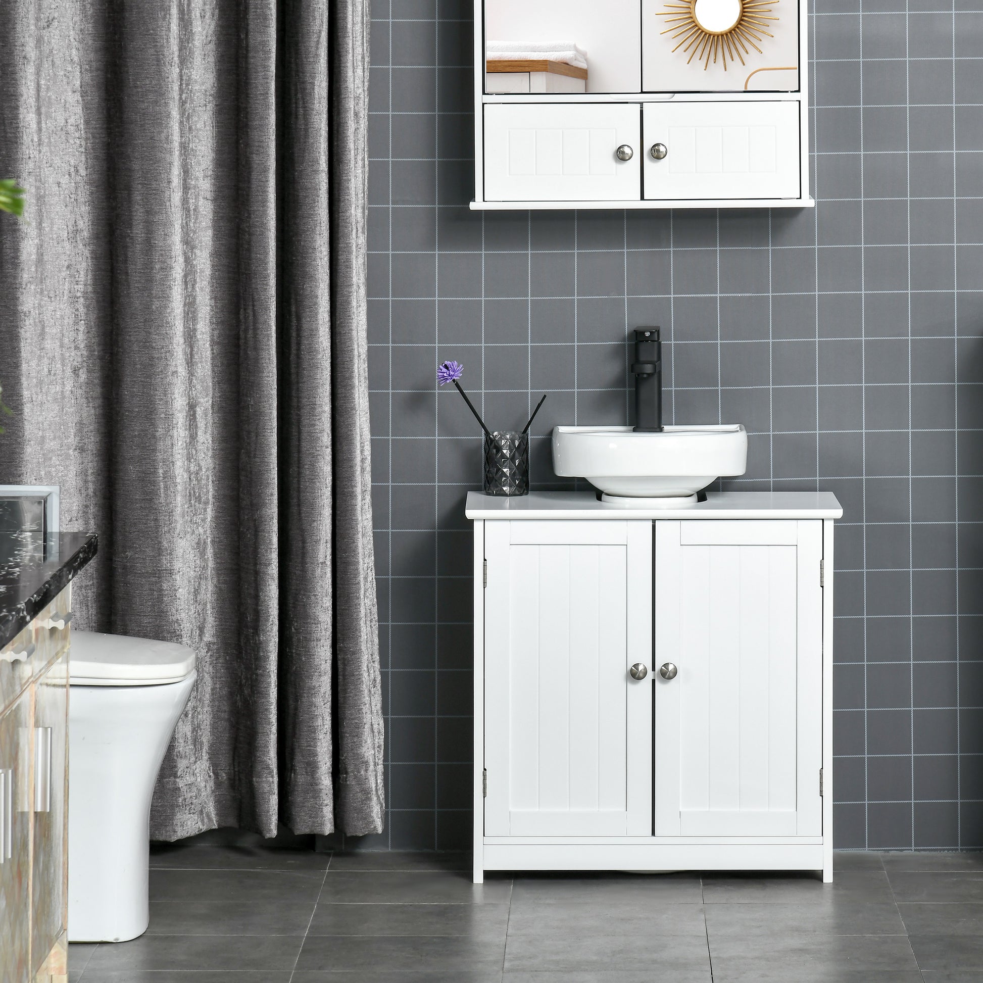 Bathroom Vanity Unit - Under Sink Cabinet - 2-Door Cupboard with Shelf - 60L x 30W x 60H cm - White Wood