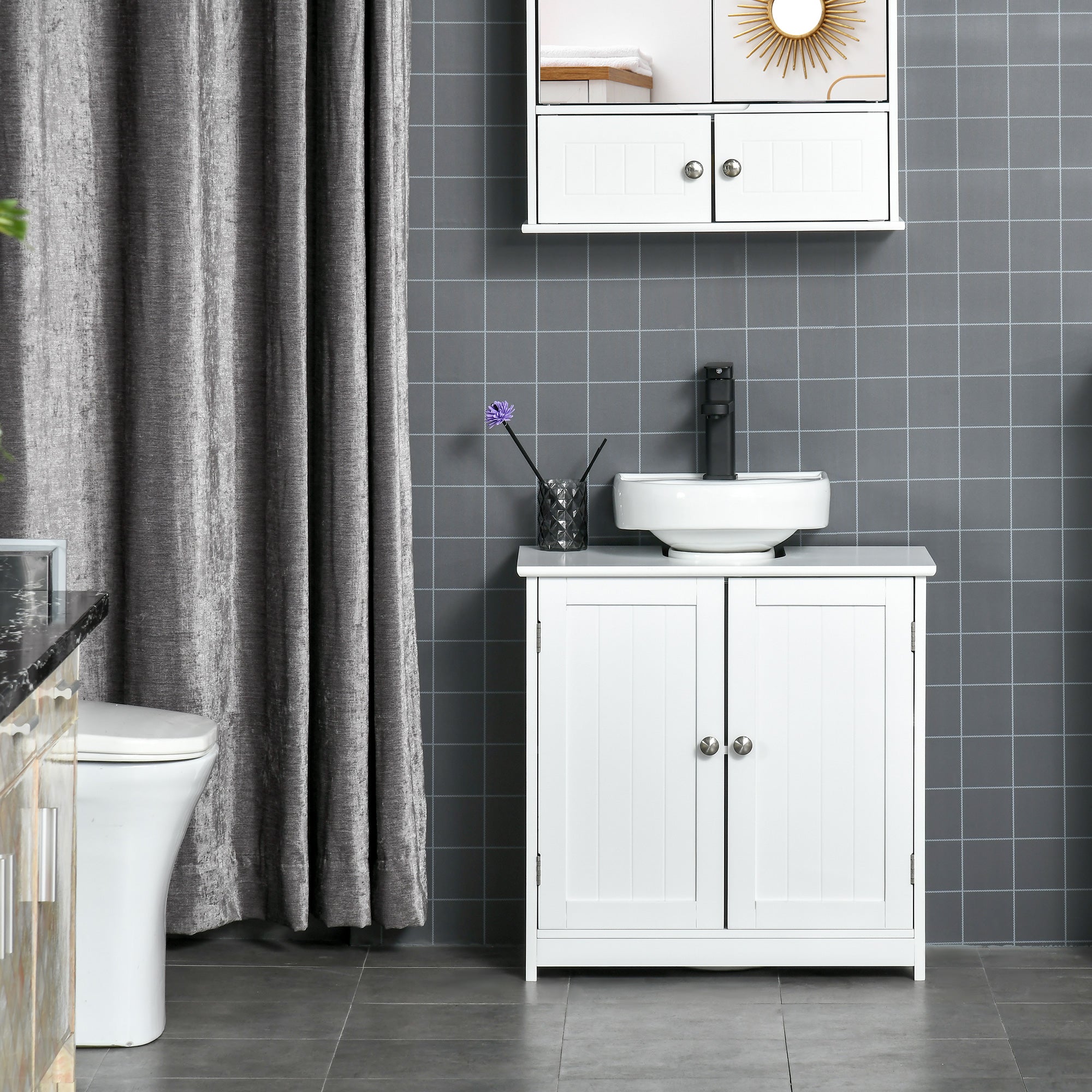 Bathroom Vanity Unit - Under Sink Cabinet - 2-Door Cupboard with Shelf - 60L x 30W x 60H cm - White Wood