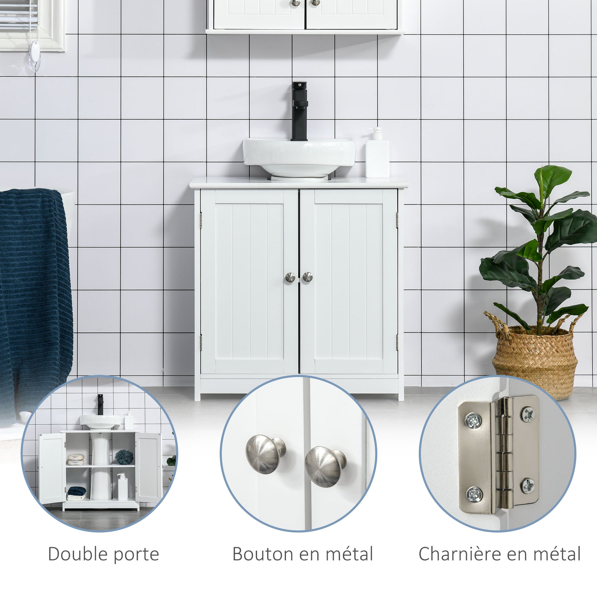 Bathroom Vanity Unit - Under Sink Cabinet - 2-Door Cupboard with Shelf - 60L x 30W x 60H cm - White Wood