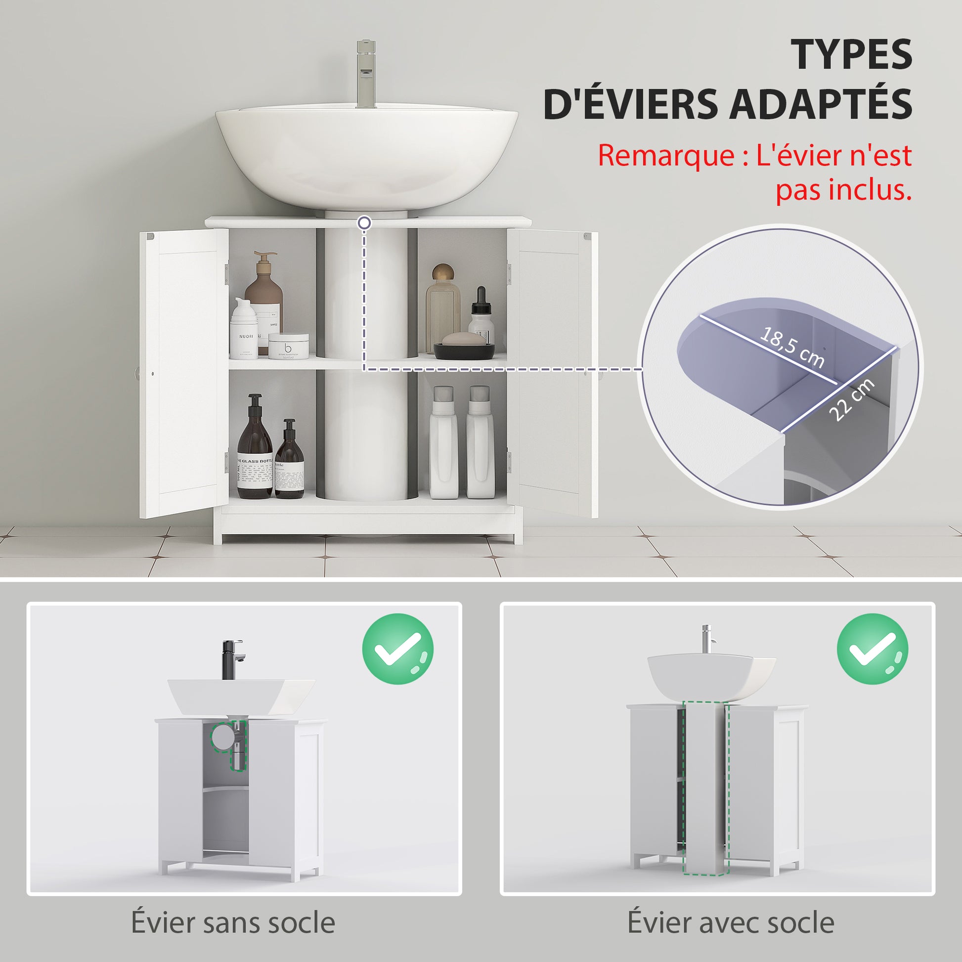Bathroom Vanity Unit - Under Sink Cabinet - 2-Door Cupboard with Shelf - 60L x 30W x 60H cm - White Wood
