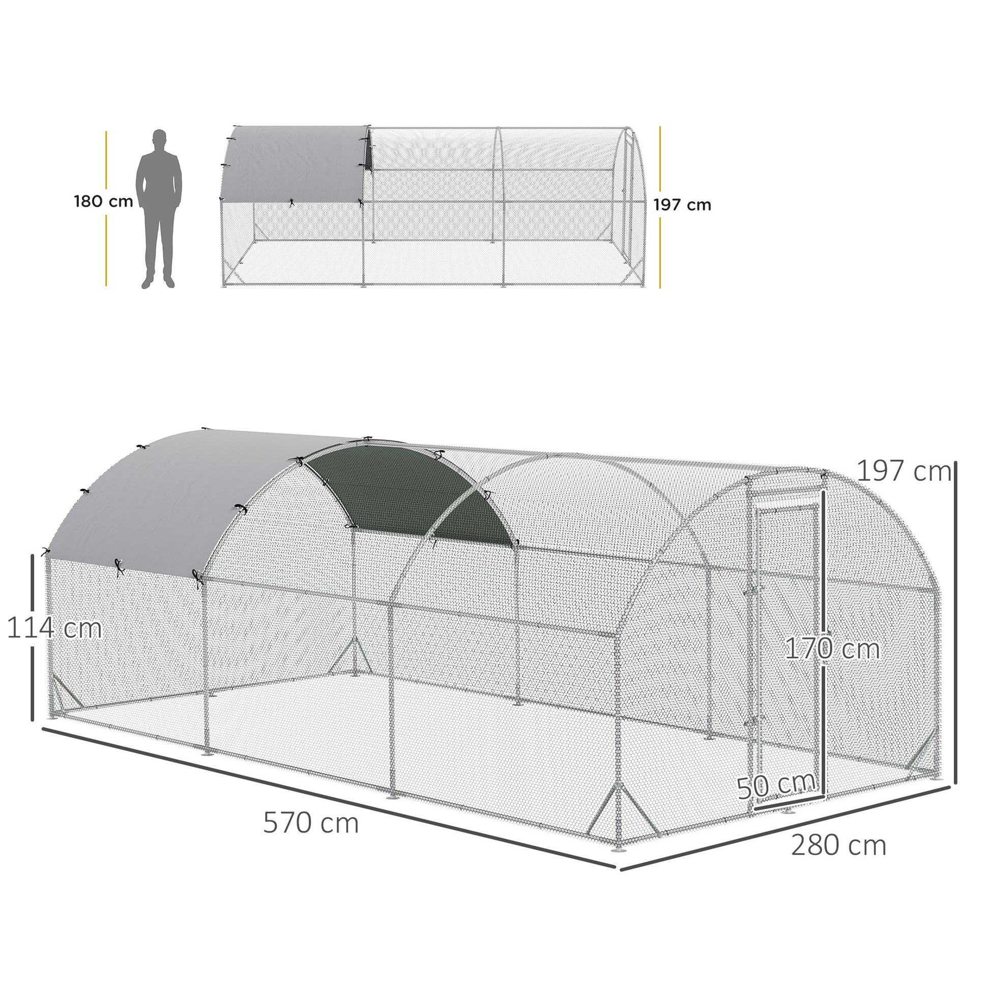 Large Outdoor Chicken Coop Galvanized Steel 280x570x197 cm Chicken Cage Oxford Waterproof and UV-Resistant Cover for Yard Silver